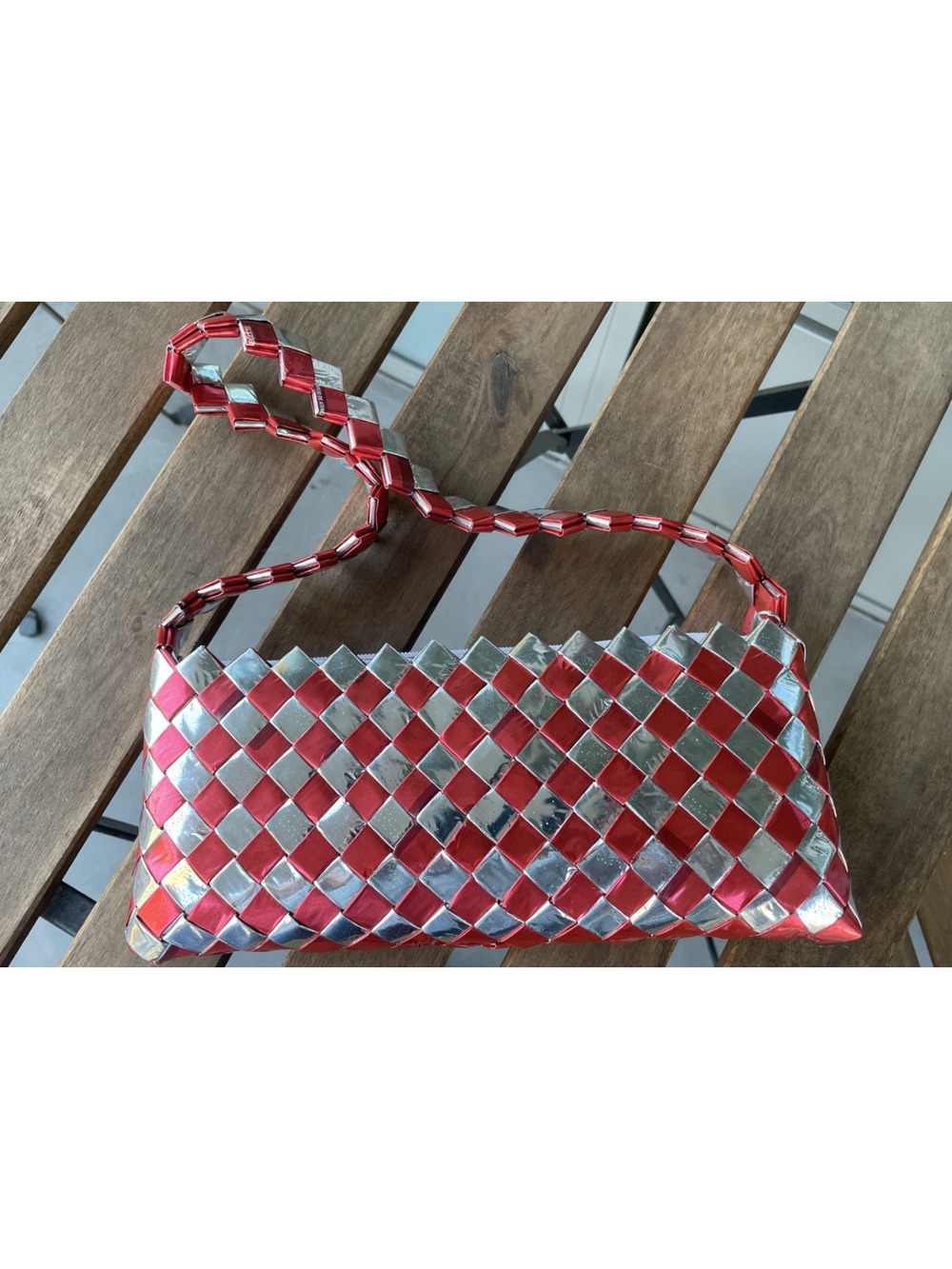 Red Silver Woven Candy Wrapper Purse Upcycled Shoulder Bag Statement Y2K